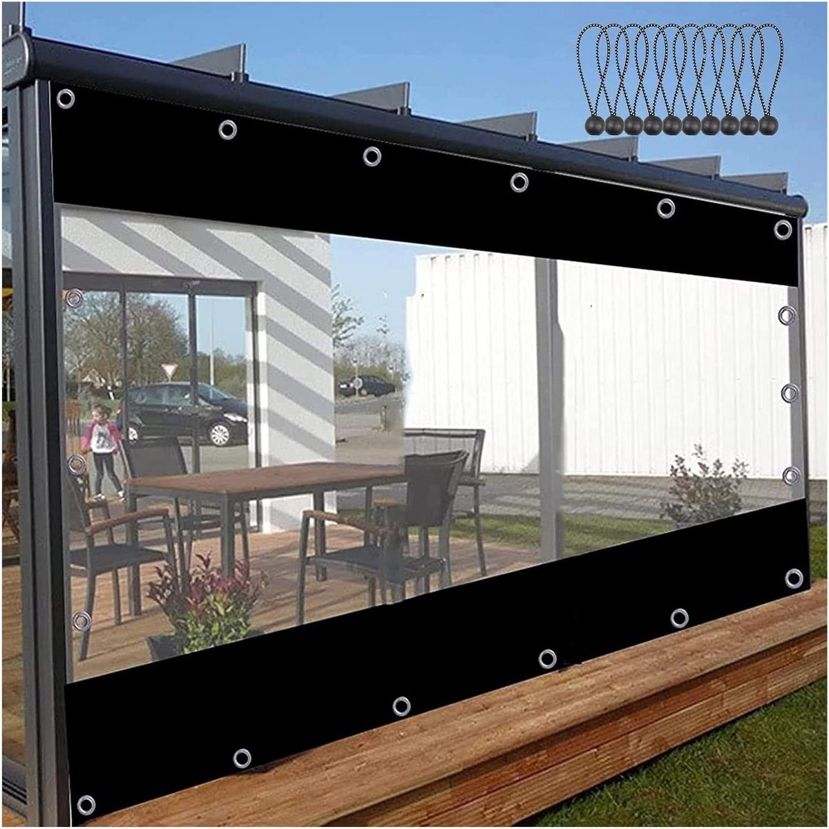 Waterdicht Zeildoek Gordijn - Transparant Dekzeil Zijpanelen - Buitenruimte Beschermen - Tweekleurig PVC Materiaal - 500x200cm - Zwart Transparant