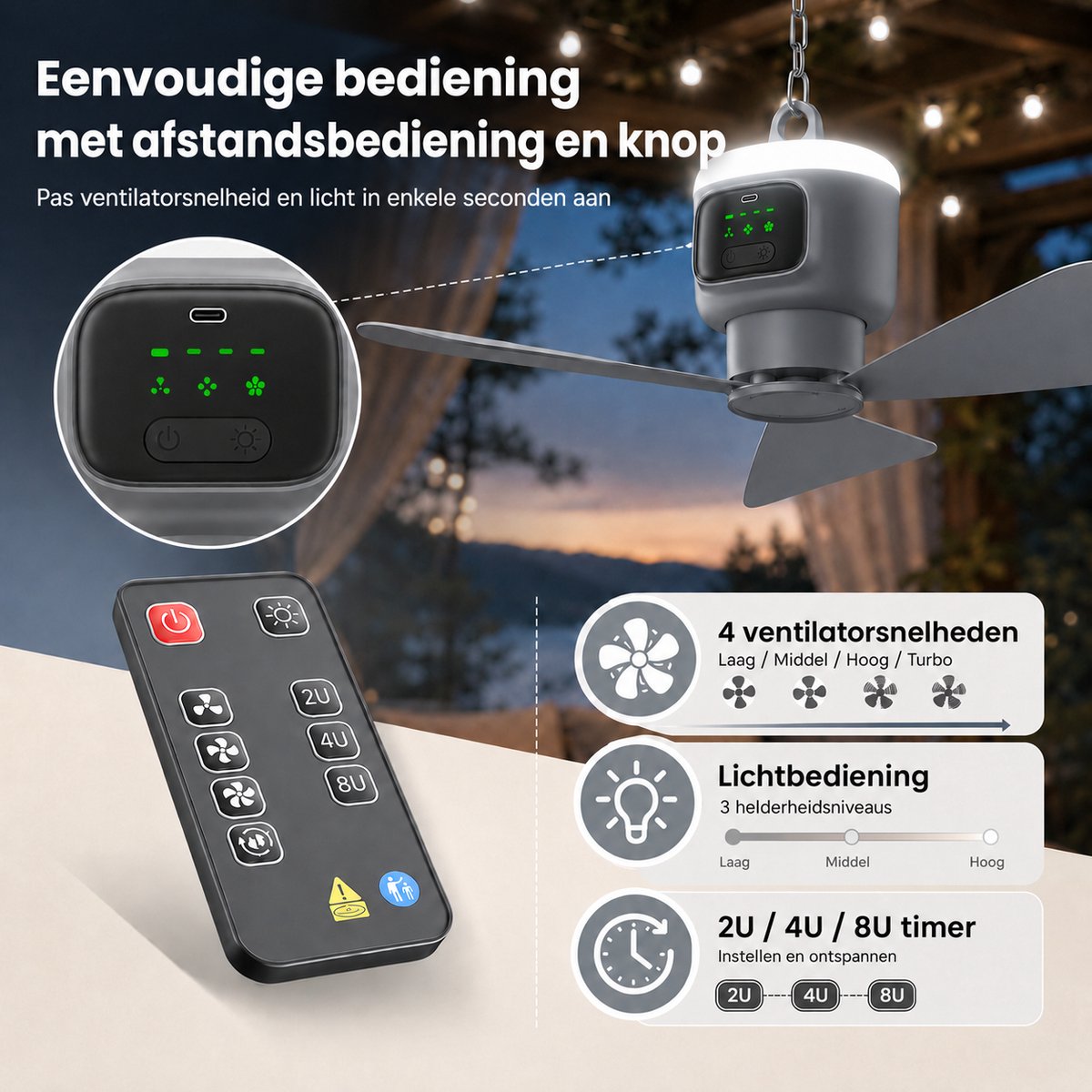 MUPOO Camping Plafondventilator 45cm - LED en 16 uur thumbnail 2