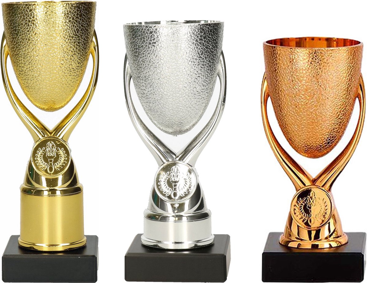 Luxe trofee/prijs bekers - set van 3x - brons/goud/zilver - kunststof - 15 x 6,8 cm