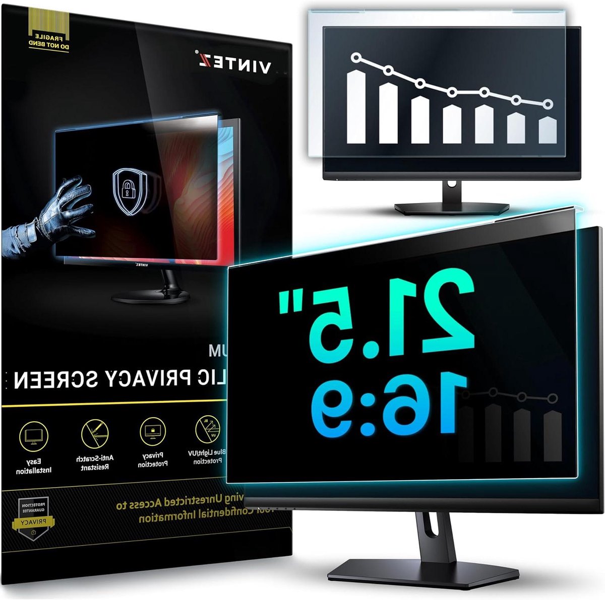 Computerscherm Privacyscherm - Privacyfilter Monitor - Bescherming Persoonlijke Gegevens - Micro-lamellen Technologie - 491 x 288 mm - Zwart