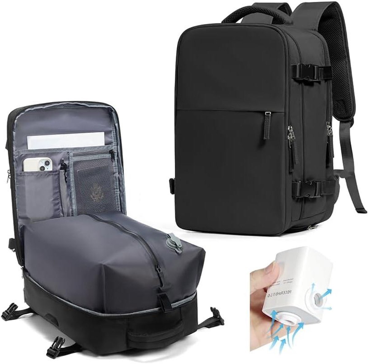 Reisrugzak Cabine - Handbagage Rugzak - Ruimte Besparen - Ingebouwde Vacuümcompressie - 40x30x20 cm - Zwart