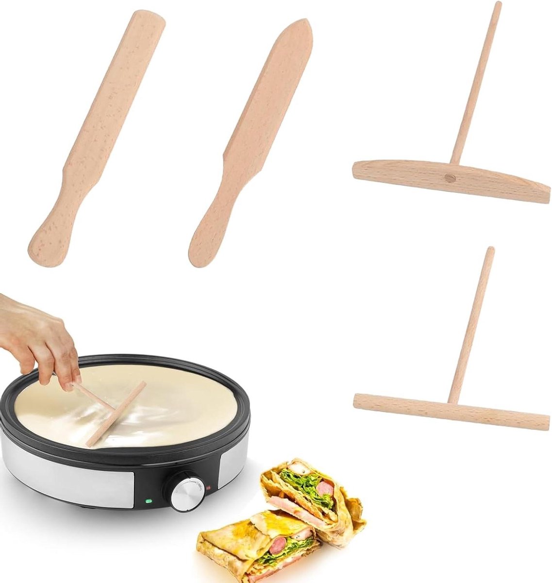 Pannenkoeken Set - Bakgerei Keuken - Deeg Verdelen - 4 Delige Houten Set - 34 cm Lengte - Natuurlijk Hout