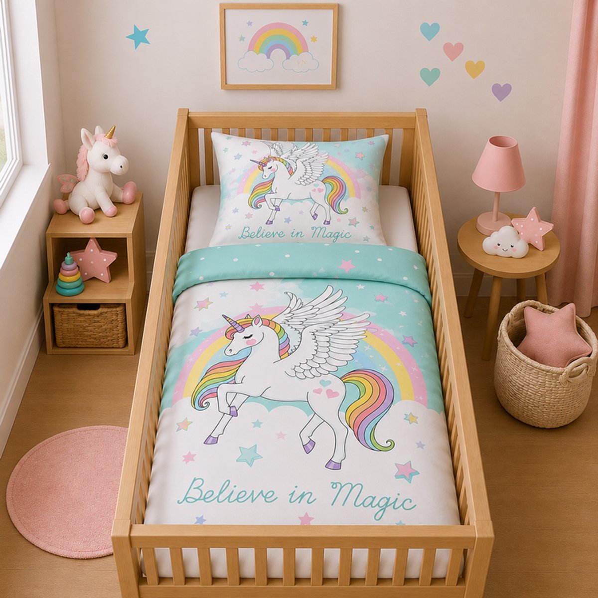 Decoware Ledikant Dekbedovertrek Believe in Magic 100x140 cm – Katoen – Voor Ledikant - Unicorn Thema - Met Kussensloop