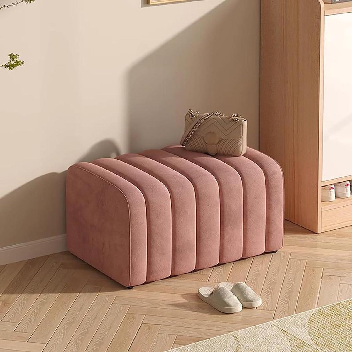 Fluwelen Bedbankje, 99 Cm, Beige, Toast-stijl Schoenenbankje, Massief Houten, Gevoerde Voetensteun For De Hal, Slaapkamer En Woonkamer(Pink,60x40x40cm)