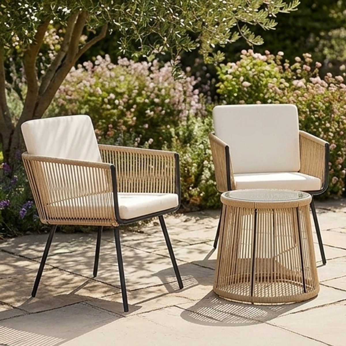 Verona Luxe 3-Delige Rotan Balkonset – Lichtbruin/Crèmewit Tuinmeubelset met 2 Stoelen en Ronde Glazen Tafel – Comfortabele Balkon Loungeset met Dikke Kussens en Weerbestendig PE-Rotan Design IndustroHome