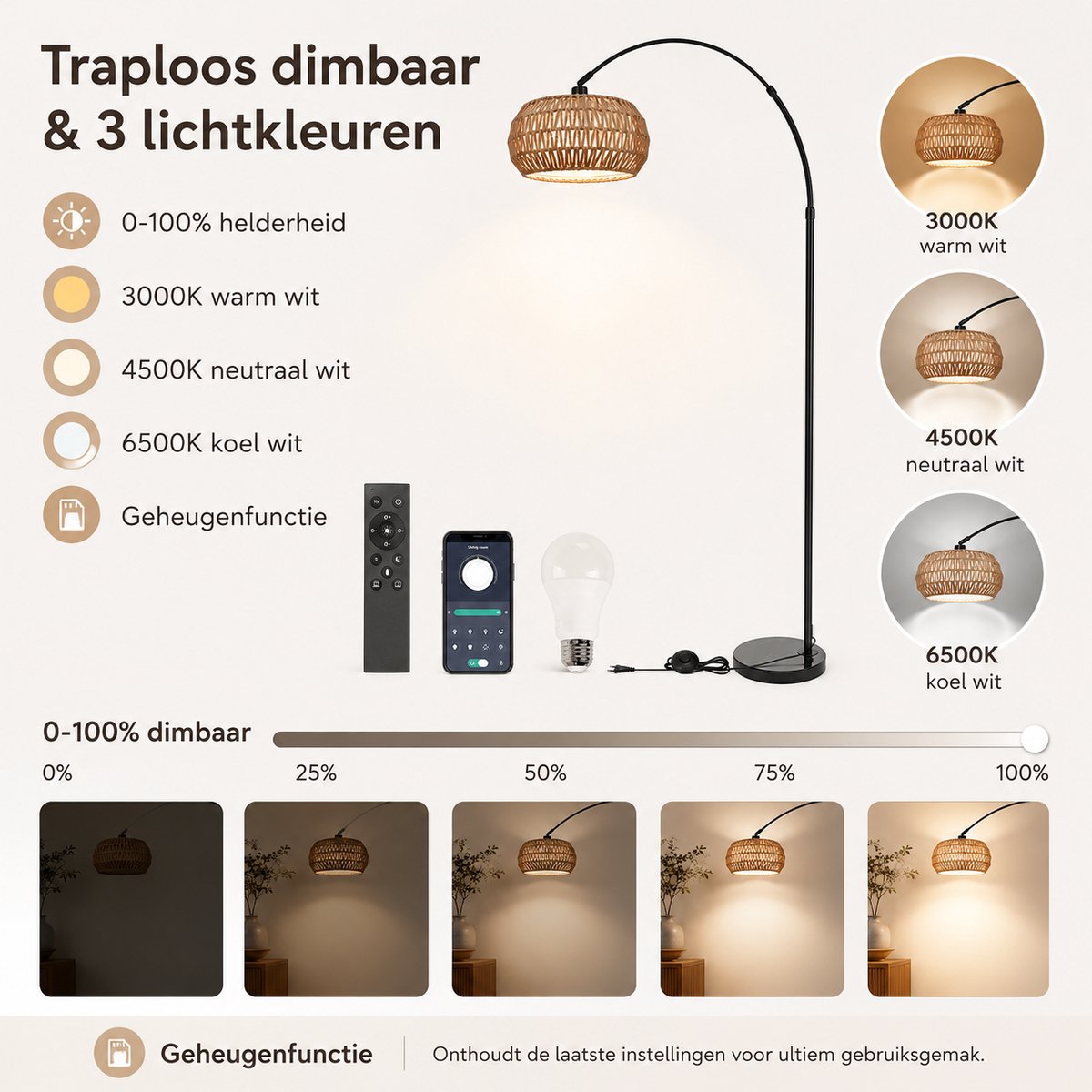 Rosnek Rotan Booglamp Zwart - Dimbare Vloerlamp met Afstandsbediening en App - Grote Staande Lamp voor Woonkamer over Bank - Slimme LED Sfeerlamp met lamp, E27-fitting thumbnail 3