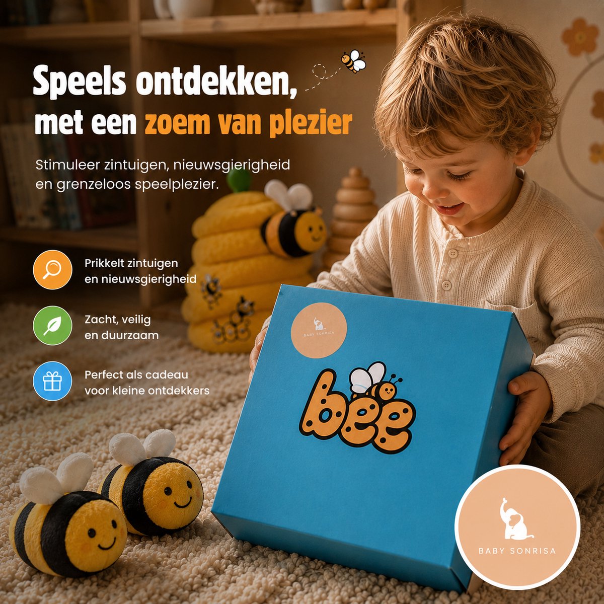 Baby Sonrisa Montessori Bijenspeelgoed Baby – Sensorisch Speelgoed met Rammelaar & Knisper – Motoriek Ontwikkeling 6+ Maanden — afbeelding 7