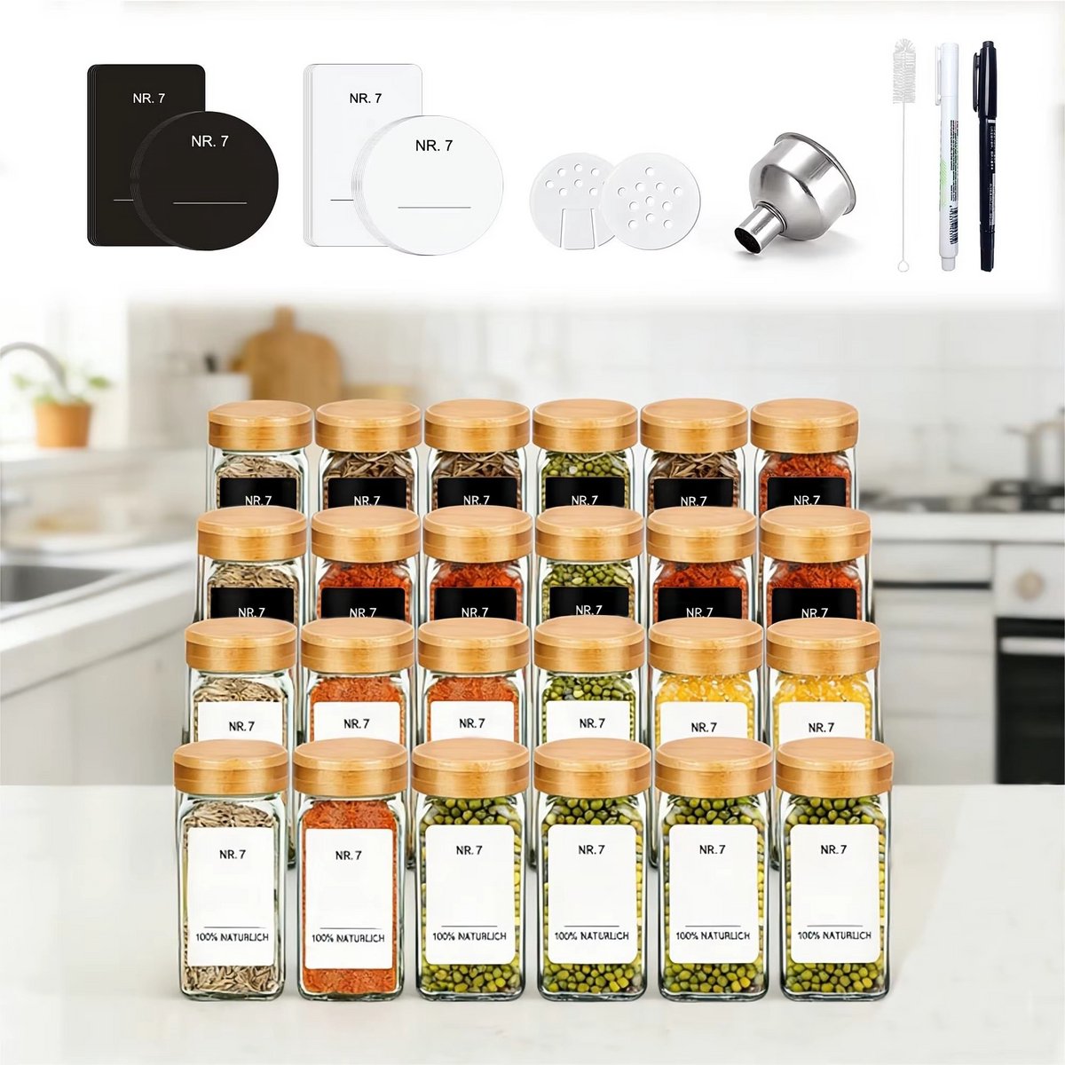 JOYNEXTBUY - Kruidenpotjes - 24-delige set - Glas - Bamboe Deksel - Inclusief Etiketten - Accessoires voor Vullen en Reinigen - Voorraadpotjes