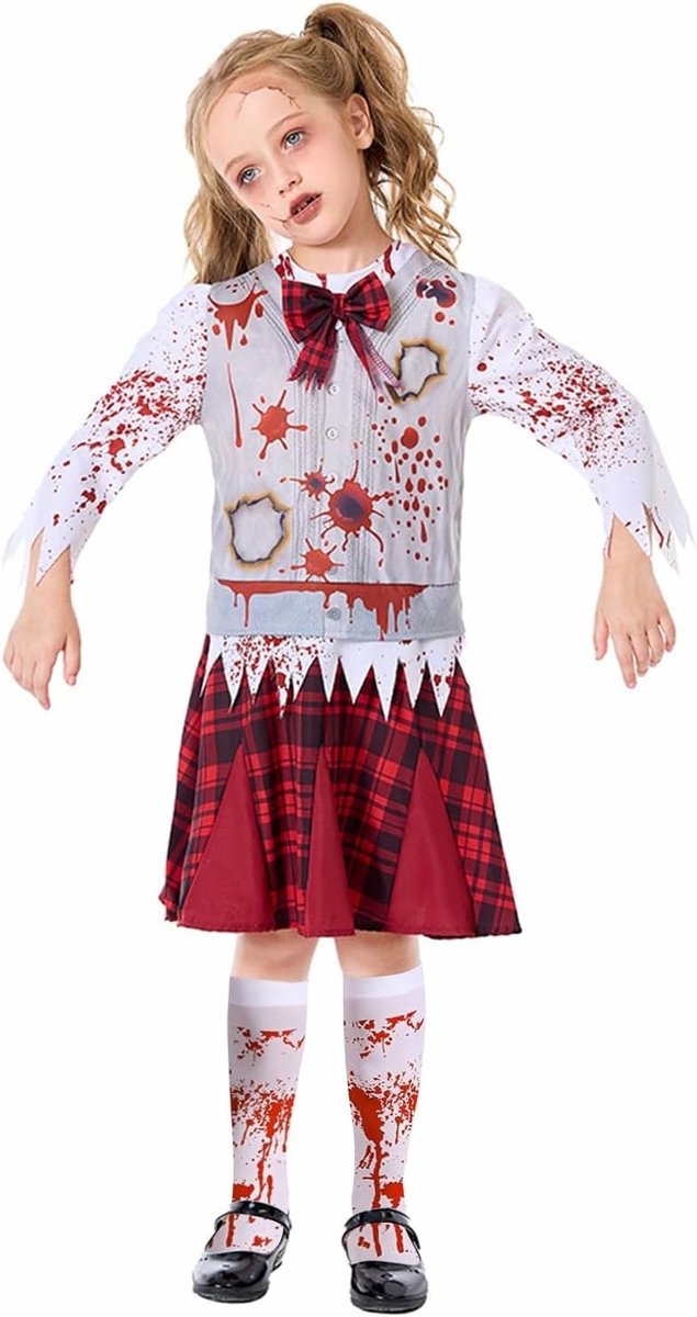 Halloween Zombie Kostuum voor Meisjes - Schoolgirl Thema - Griezelige Kinderen Kostuums, Perfect voor Feestjes en Trick or Treat