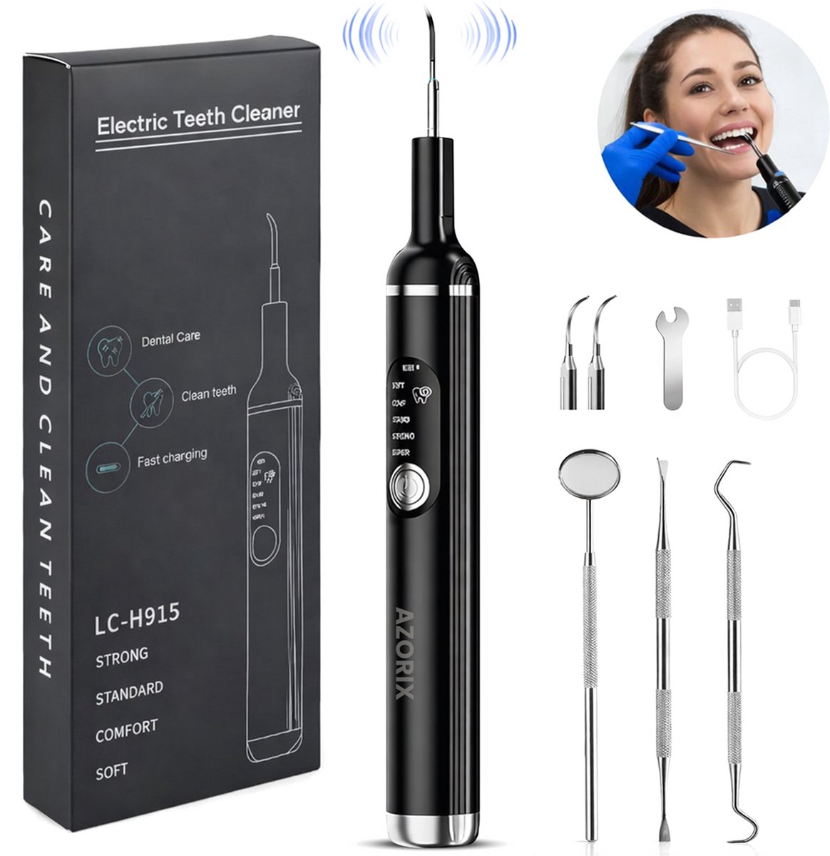 Azorix Elektrische Tandsteenverwijderaar - Tandplak Verwijderaar - Professioneel Tandenreinigingsapparaat met LED Licht - 4 Reinigingsmodi - USB-C Oplaadbaar - IPX7 Waterproof - Veilig Tandsteen verwijderaar Voor Thuis - Tandsteenverwijderaars