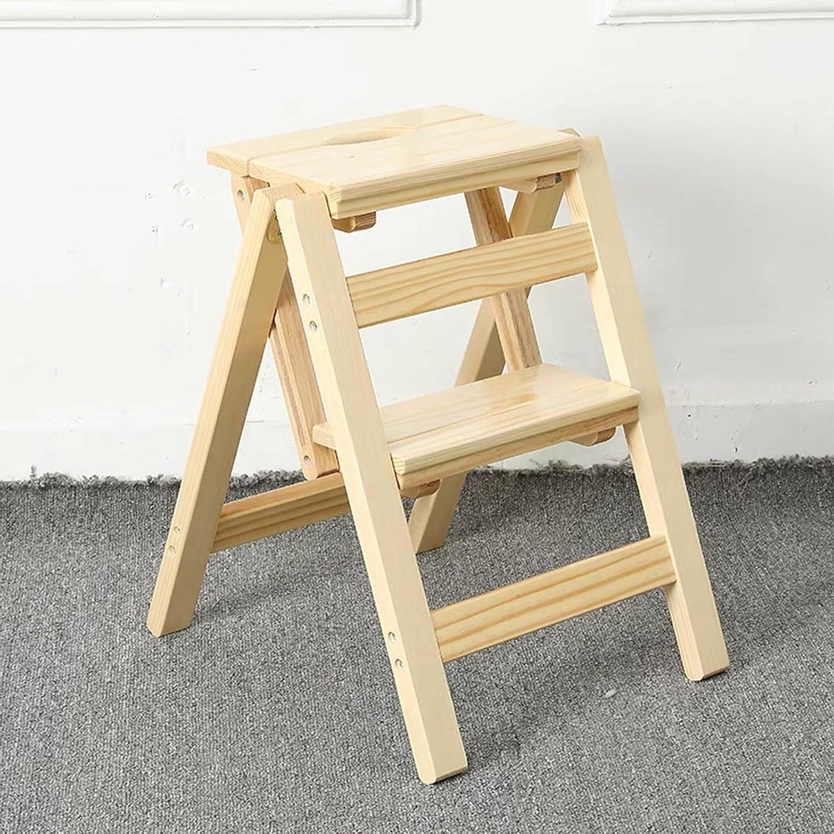 Opvouwbare Opstap Kruk - Houten Ladder - Keuken Hulp - Antislip Brede Treden - 2 Treden - Houtkleur