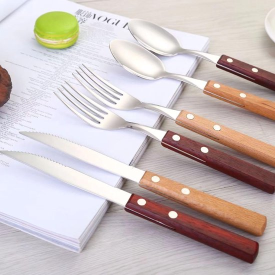 Bestek Set - Steakbestek Westerse Bestek - Dineren Buiten Huis - Houten Handvat - 4 Delen - Kaki — afbeelding 2
