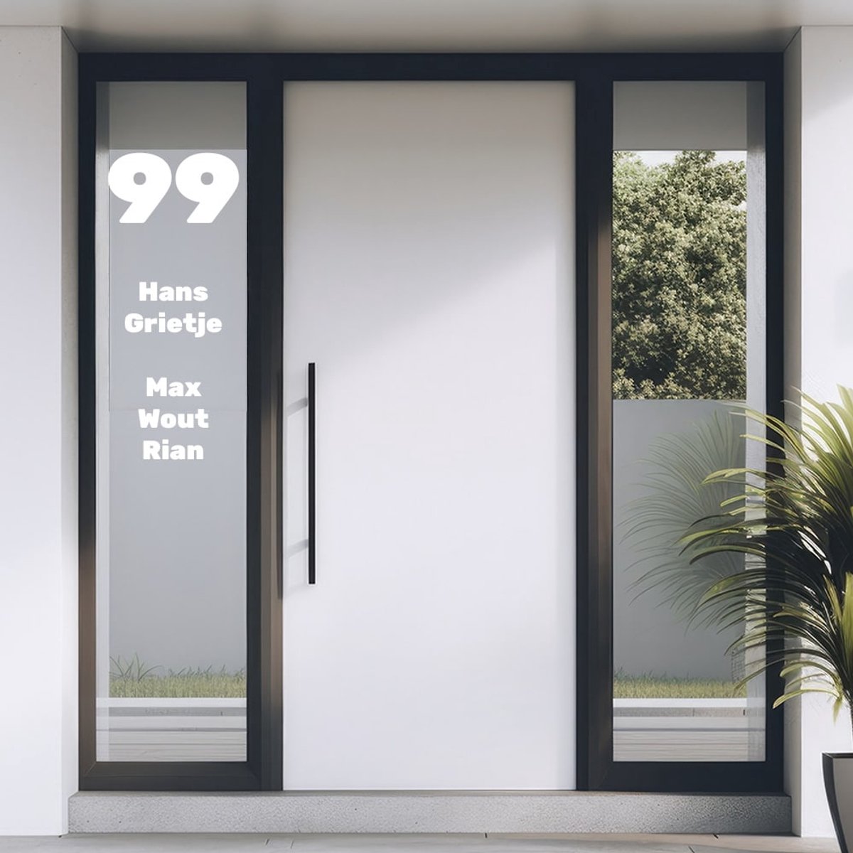 Voordeur of raamsticker huisnummer en namen - Reflecterend Wit - 45 x 45 cm