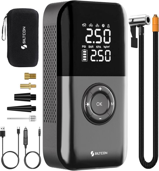 Elektrische luchtcompressor Siltcon 10.8 bar, draadloos, 8500 mAh powerbank, voor auto, fiets, scooter, ballen