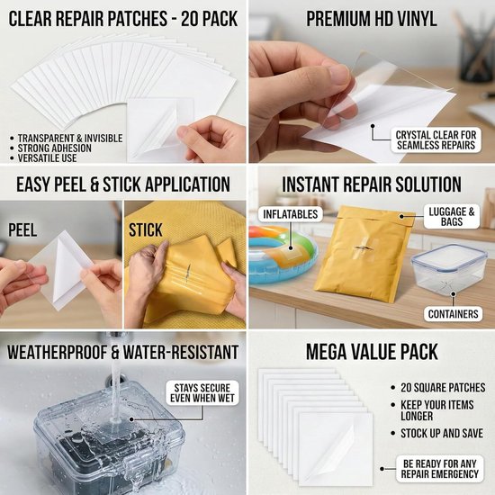Reparatieset Opblaasbaar - Reparatiepatches - Lekkages Dichten - Waterdicht Hittebestendig - 20 Stuks 7x7 cm - Transparant van Merkloos — afbeelding 5