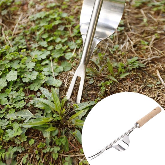 Onkruidsteker Tuin - Handmatige Weeder - Onkruid Verwijderen - Roestvrij Staal - 32 cm - Natuurlijk Hout — afbeelding 4