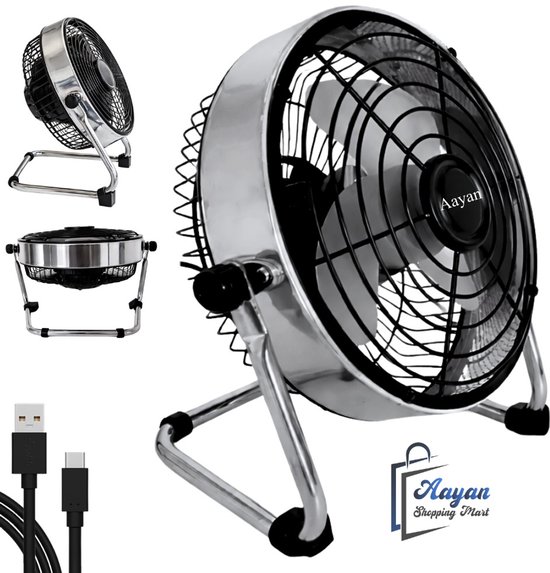 Metalen bureauventilator 22 cm USB-C stille ventilator 2 snelheden verstelbaar zwart compact klein fan