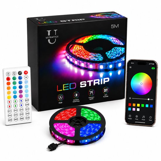 Ustratics Led Strip - 5 meter - 1x5m - Light - rgb LED Verlichting - Afstandsbediening - Bluetooth - licht - Dimbaar - Gaming - Ledstrip - Ledstrips