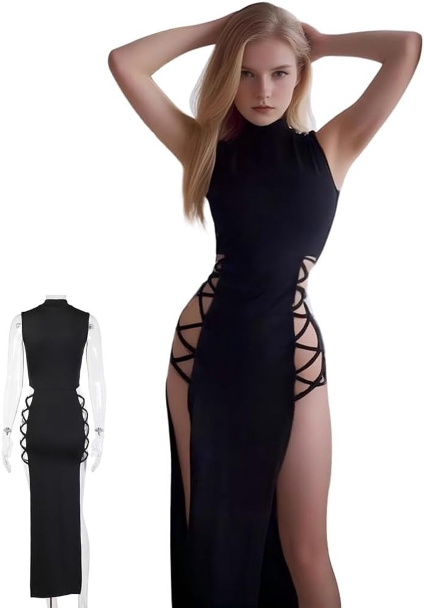 Vrouwelijke Bodycon Jurk met Hoge Split voor Halloween en EDM Festivals - Perfecte Rave Outfit