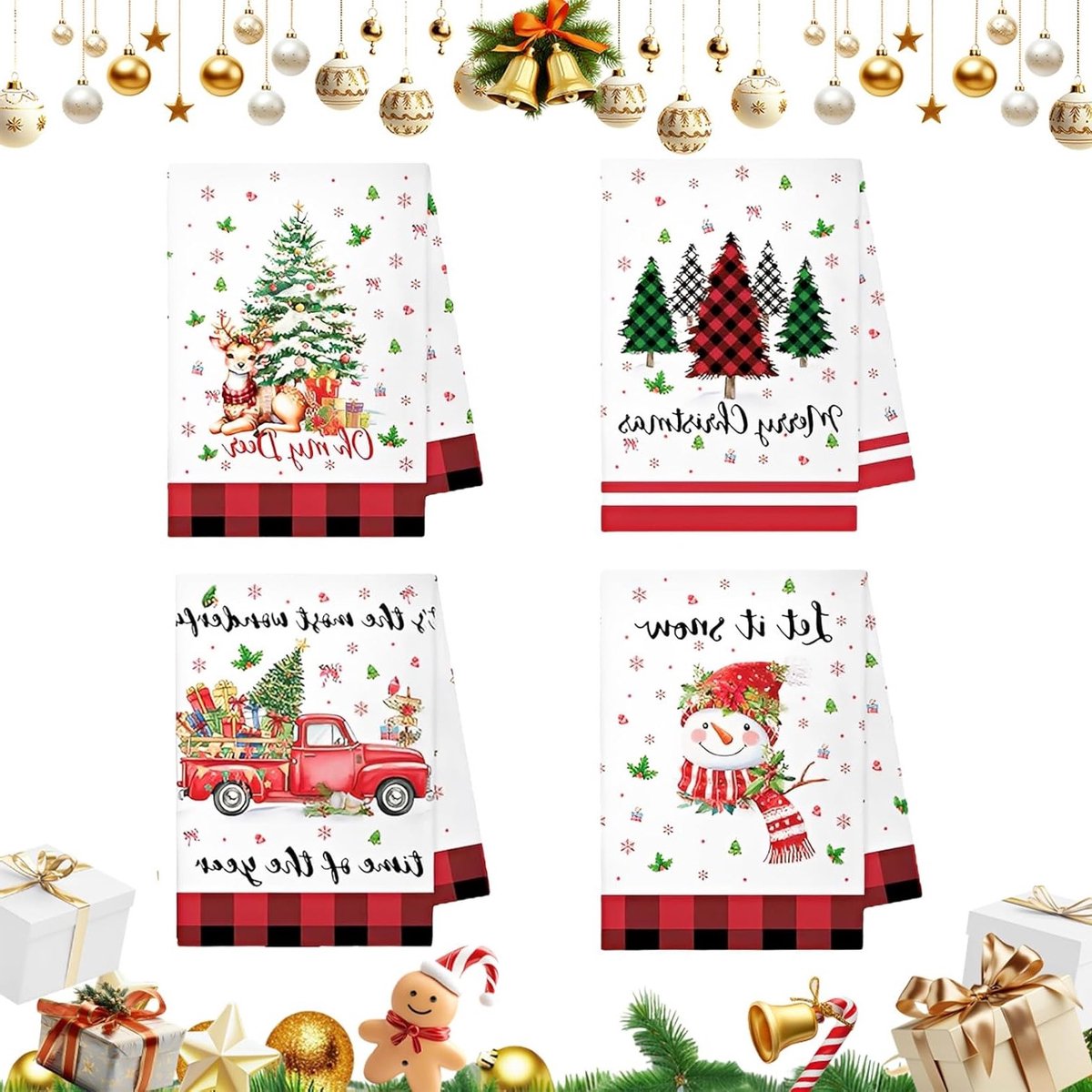 Set van 4 Kerst Keukenhanddoeken 40 x 60 cm, Absorberende Microvezel Handdoeken met Rendie