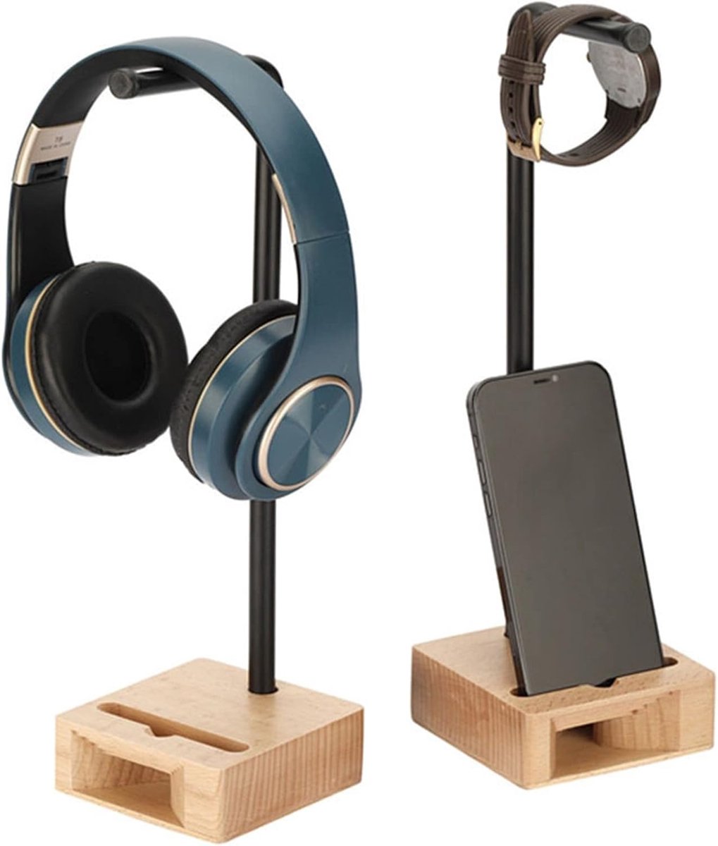 Oordopjes Houder - Hoofdtelefoon Stand - Bureau Organisatie - Handgemaakt Massief Hout - Universele Pasvorm - Natuurlijk — cadeau in Gadgets - foto 5