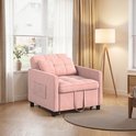 Roze slaapbank met kussen, verstelbaar tot bed, met zijvakken.