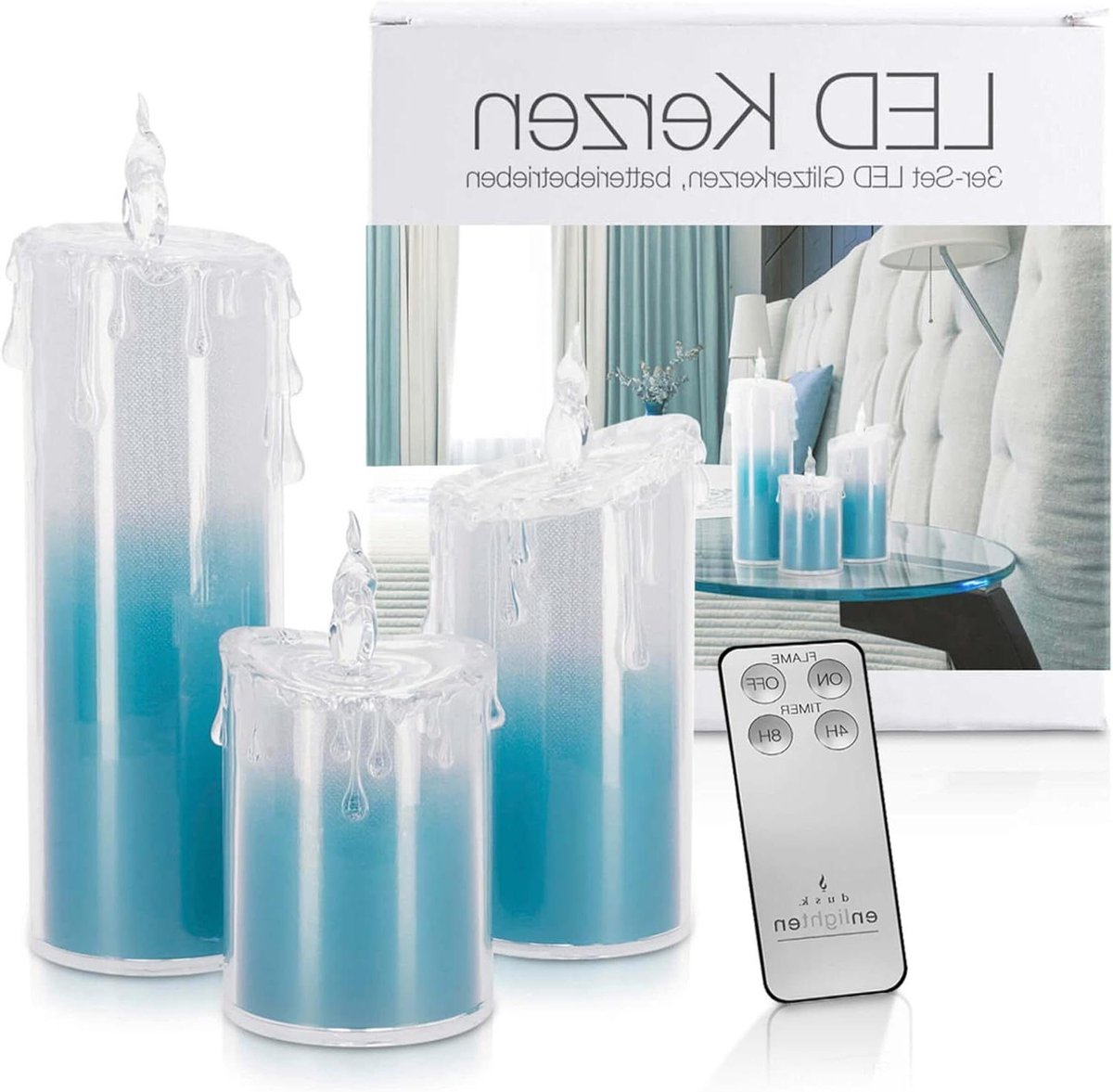 LED Kaarsen Set - Glitter Kaarsen - Sfeervolle Decoratie - Inclusief Afstandsbediening - 3 Maten - Blauw