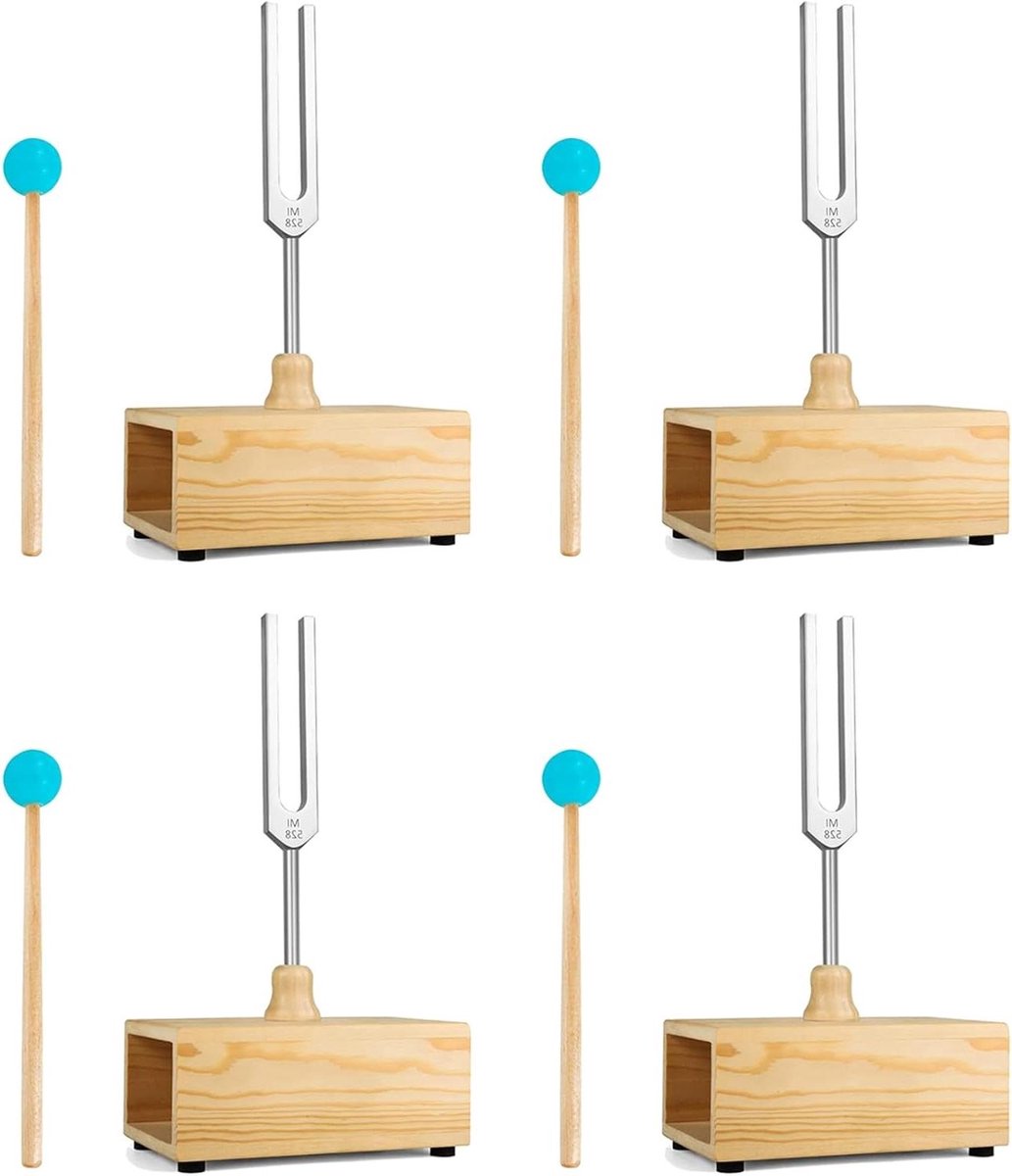 Stemvork Set - Resonantie Box - Geluids Experimenten - Hoogwaardig Fysiek Instrument - 4 Stuks - Zilver Hout
