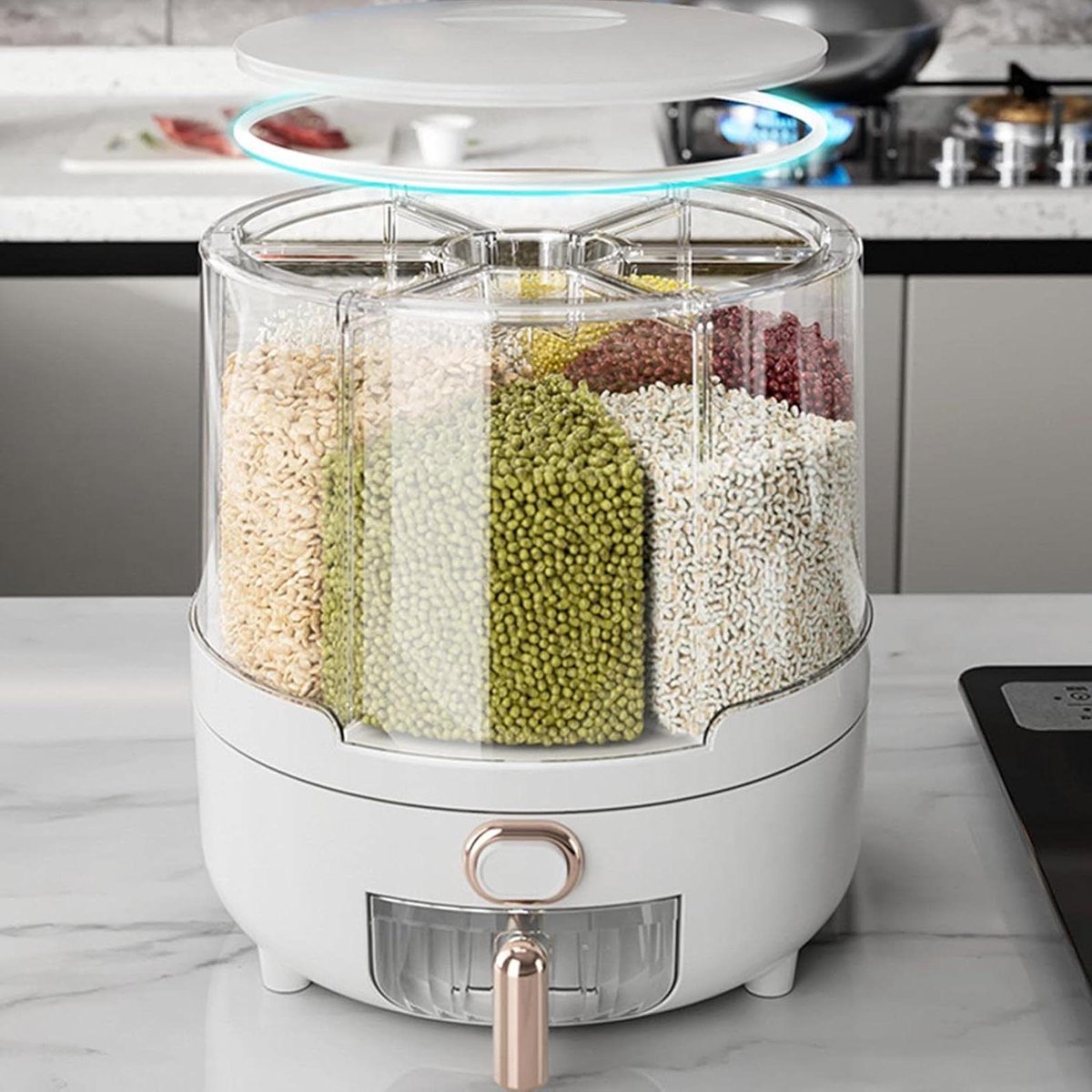 Graan Dispenser - Draaiende Opslag - Keuken Organiseren - 6 Vakken - 29 cm - Wit