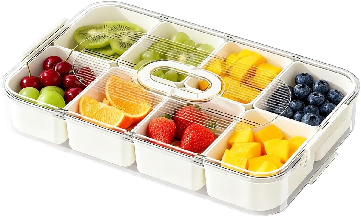 Snackplate met Compartimenten voor de Koelkast, 8 Compartimenten voor Bessen, Noten, Fruit en Groenten, Luchtdichte Opbergdoos met Deksel, Ideaal voor Vers Snacken en Meal Prep