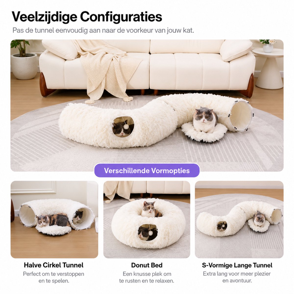 BOTC Kattentunnel met Kattenmand - Speeltunnel Voor Dieren - Tunnel Kat - Kattenhuis - Speeltunnel kat - Beige thumbnail 6