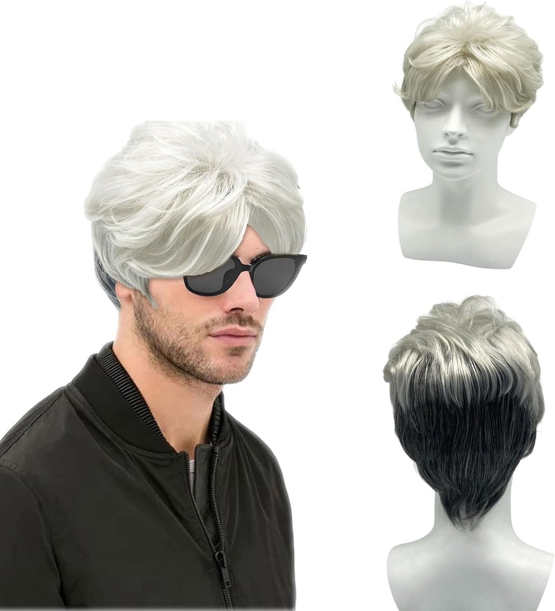 Korte Grijze Peruk voor Mannen, 70's 80's Stijl, Krullend en Fluffy, Perfect voor Cosplay en Feestkleding