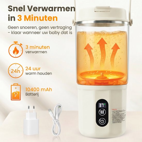 Thermosfles Flessenwarmer - 2-in-1 - BabyCare - Snelle Opwarming Moedermelk & Water - Pasteurisatie - 24U Constant Temperatuur - 400ml - 10400mAh - Beige — afbeelding 3