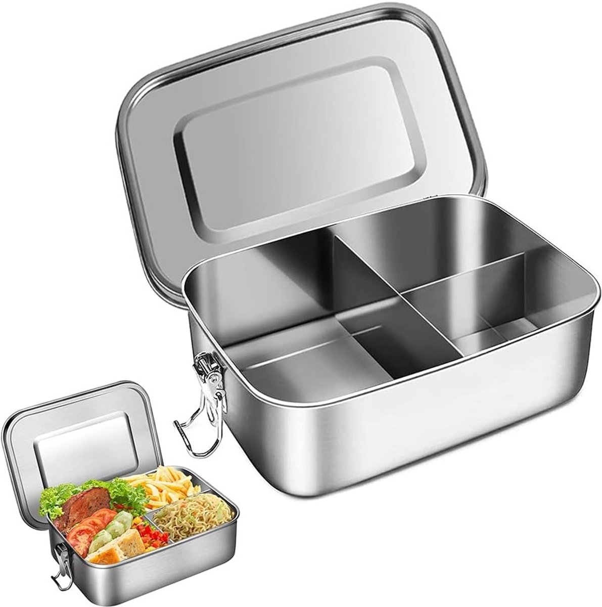 RVS Lunchbox met 3 Compartimenten en Afsluitring - Lekvrije, Makkelijk Schoon te Maken, Geschikt voor Vaatwasser, Ideaal voor Kinderen en Volwassenen