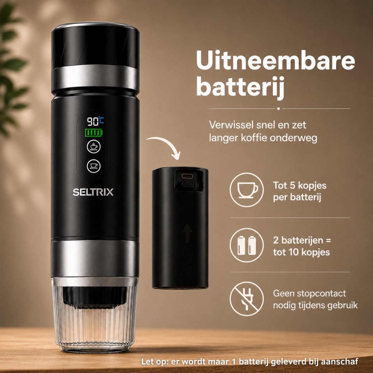 Draagbare koffiemachine - Verwisselbare Accu - 20 Bar - Inclusief Beschermhoes - Espressomaker voor Onderweg - 150 ml - 7500 mAh Oplaadbaar - Draagbaar koffiezetapparaat - Cups & Gemalen Koffie - Camping & Reizen - Espresso & Lungo - Seltrix - Zwart — afbeelding 2