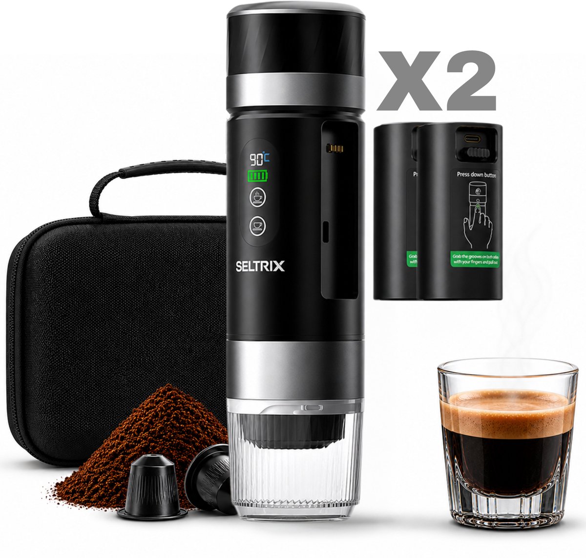 Draagbare koffiemachine - Verwisselbare Accu + 1 extra accu - 20 Bar - Inclusief Beschermhoes - 150 ml - 7500 mAh - Draagbaar koffiezetapparaat - Cups & Gemalen Koffie - Camping & Reizen - Espresso & Lungo - Seltrix - Zwart — afbeelding 1
