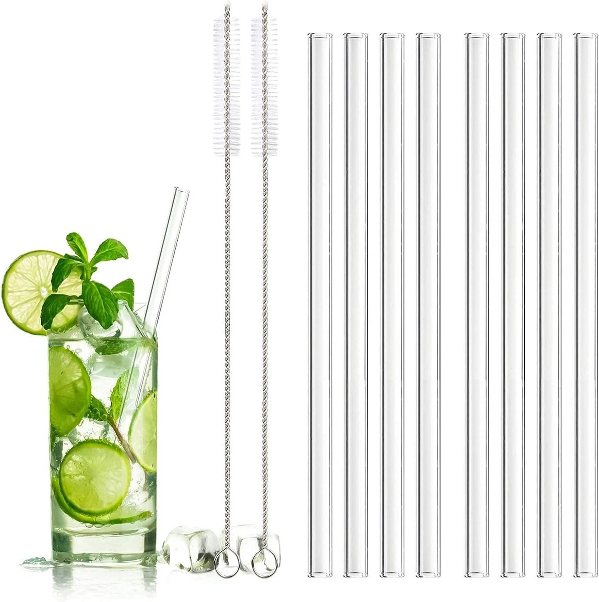 8x Herbruikbare Glazen Rietjes (20 cm) - Inclusief 2 Borstels - Voor Koude & Warme Dranken