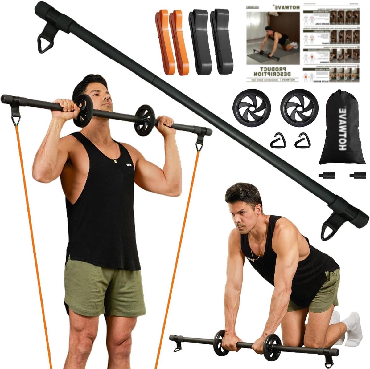 Fitness Stang Set - Thuisgym - Full Body Workout - Inclusief Ab Roller - 117 cm - Zwart