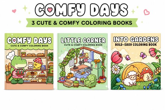 Kleurboeken Set van 3 - Little Corner - Into Gardens - Comfy Days - Ook voor Volwassenen - Hygge