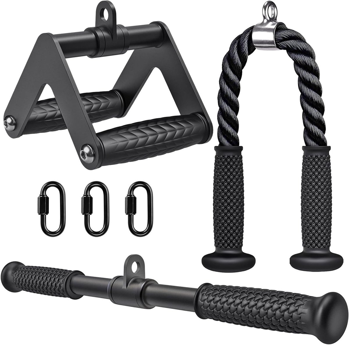 Triceps Pull-Down Bevestigingsset voor Thuisgym - 18" Rotating Straight Bar, 28" Triceps Kabel, Dubbele D Handgreep en V-Vormige Stang - Ideaal voor Krachttraining en Fitness