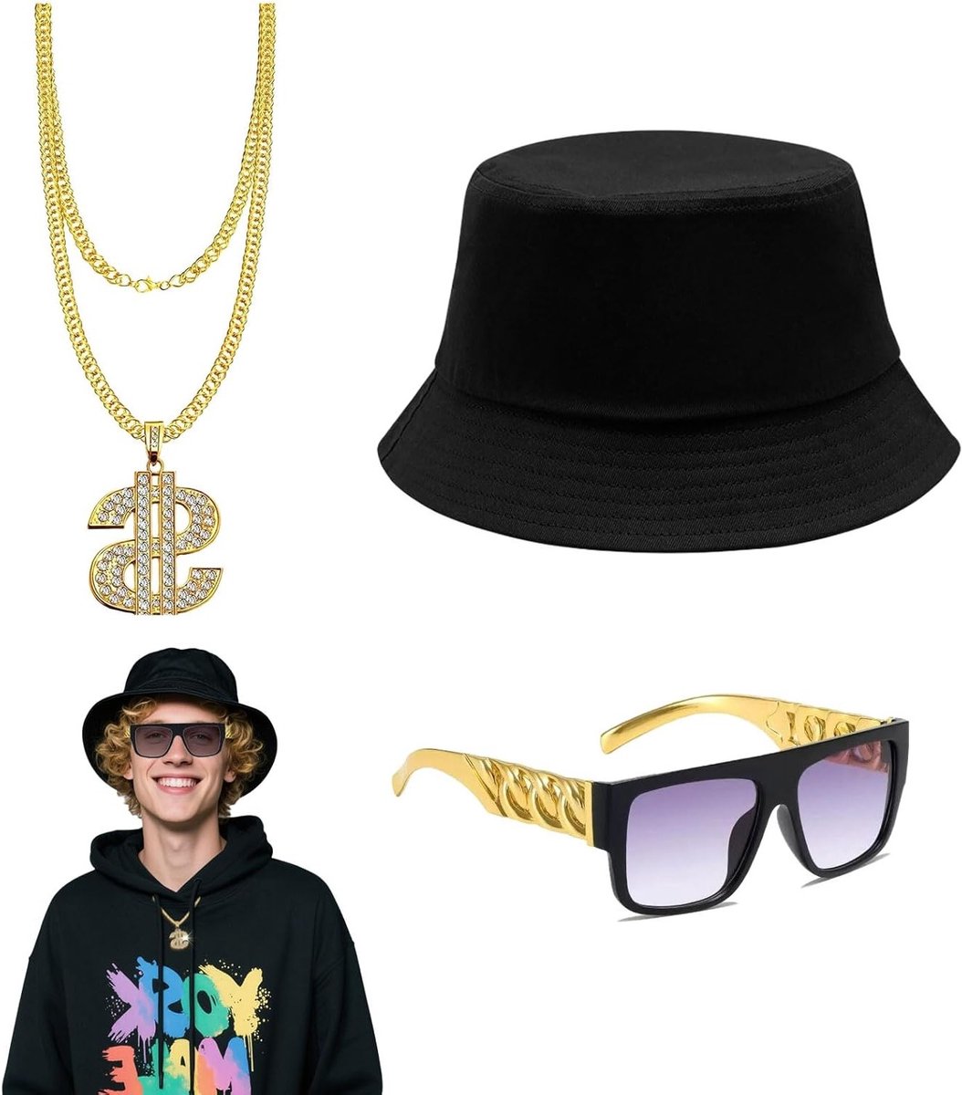 Hippie Kostuum Set voor Carnaval en Themafeesten met Dollar Ketting en Gangster Zonnebril, Perfect voor 80s en 90s Stijl, Inclusief Hip Hop Accessoires