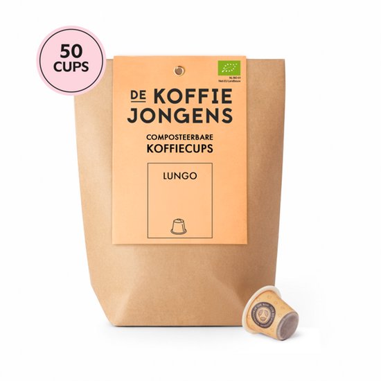 Bruine papieren zak met de tekst 'De Koffiejongens Composteerbare Koffiecups Lungo'. Een enkele koffiecup ligt ernaast.