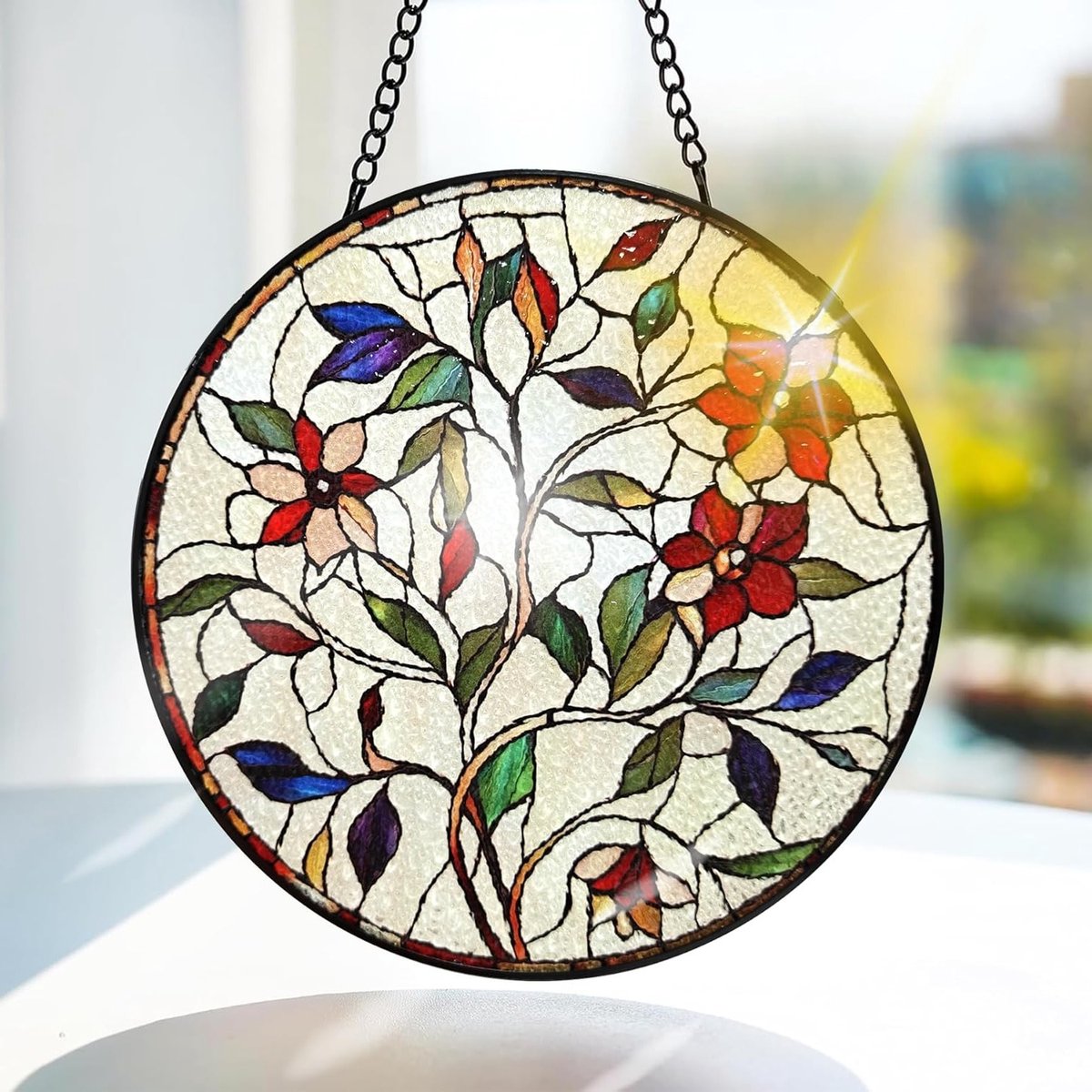 Kleurrijke Glazen Hangdecoratie met Bloemen en Bladeren - Raamdecoratie voor Tuin, Kerst en Deur, Handgemaakte Suncatcher 20x20cm