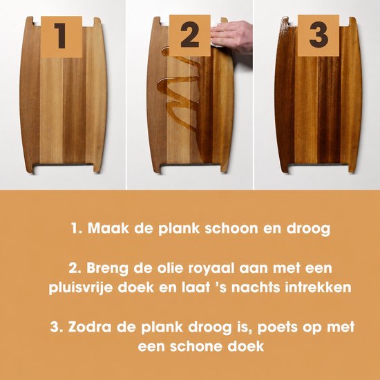 Drie stappen om een houten plank te behandelen met olie, van schoonmaken tot polijsten.