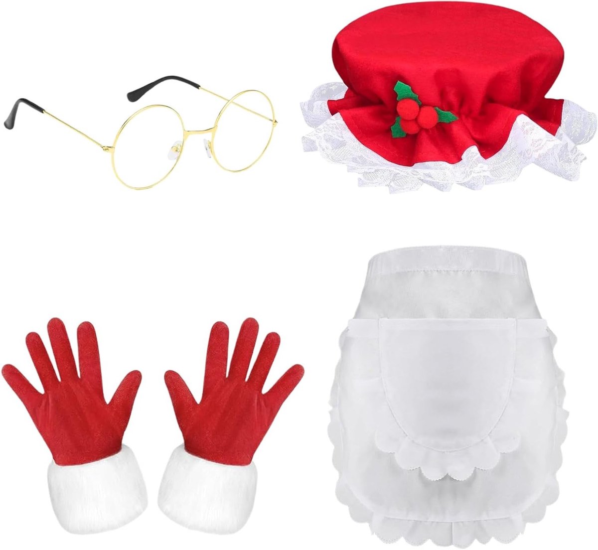 Kerstvrouw Kostuum met Santa Hoed, Schort, Handschoenen en Bril voor Feestdagen en Carnaval