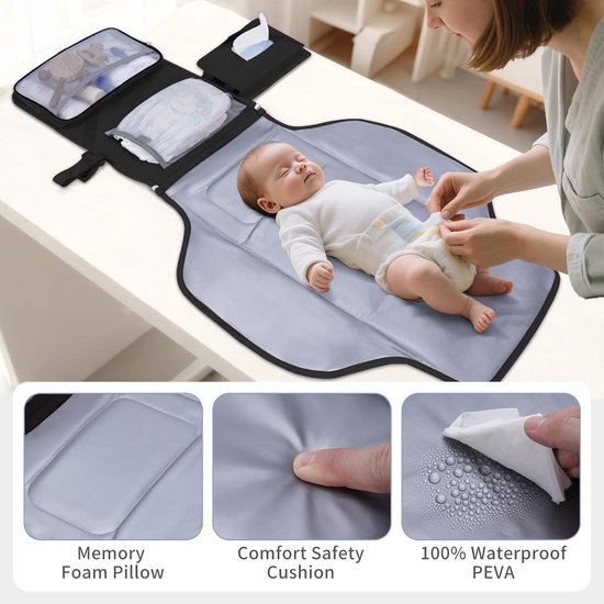 Baby Verschoonmatje - Verschoningsmatje voor onderweg - verschoningskussen - Draagbaar Verschoonmatje - Opvouwbaar Verschoonmatje - Meerdere Vakken - Wasbaar en Herbruikbaar - Babycadeau - Verschoonmatje voor Buiten en Reizen - Zwart van Merkloos — afbeelding 2