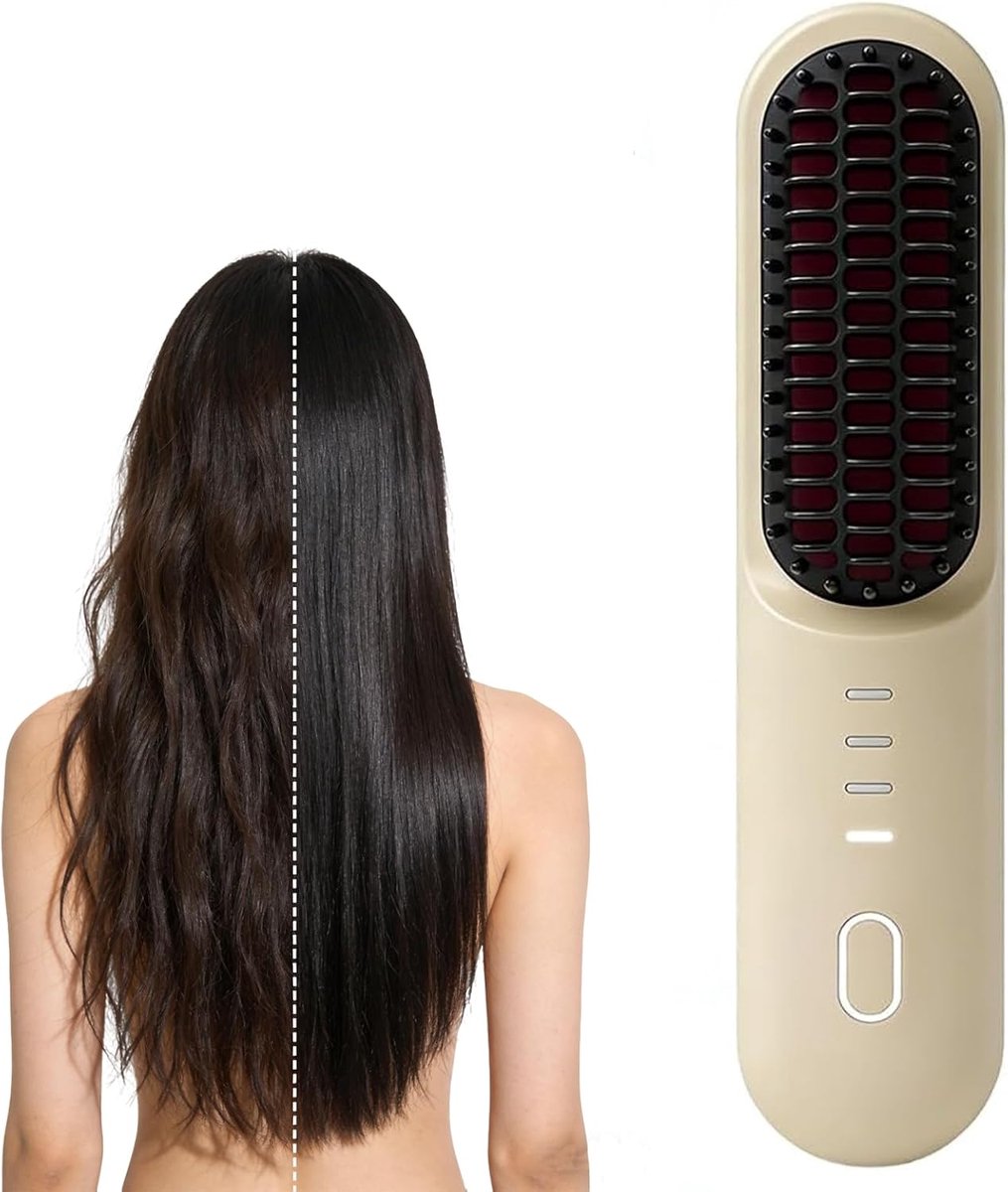 Draadloze stijlborstel - Negatief-ionen stijltang - Stylingborstel - Roze - Type-C-aansluiting - Vier intelligente temperatuurstanden -Haarstyler-Beige