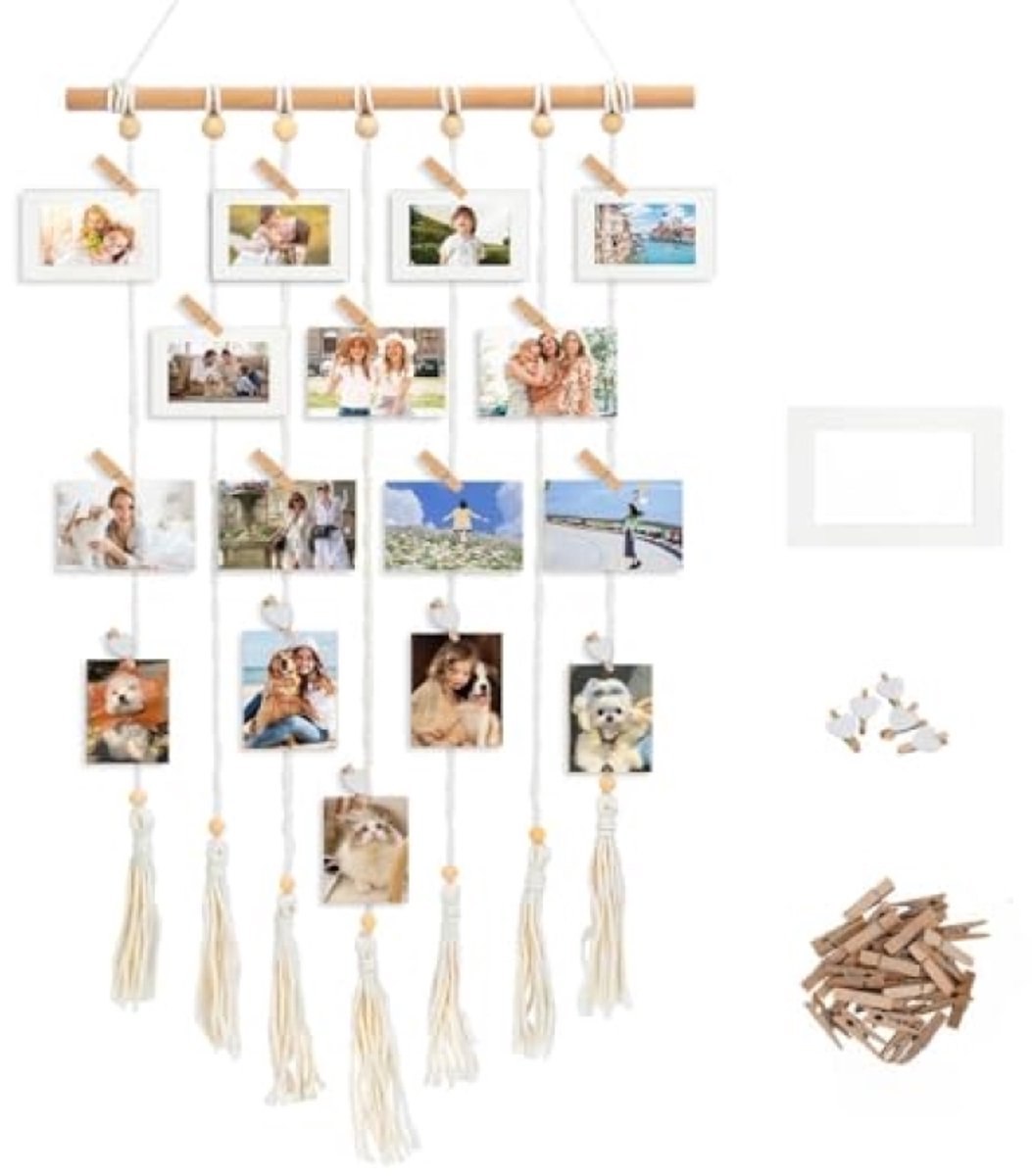 PromoHome Houten Fotocollage Macrame Wanddecoratie - 35 Clips & 5 Papieren Fotolijsten - Boho Fotogordijn - Hangende Fotohouder voor Muurdecoratie