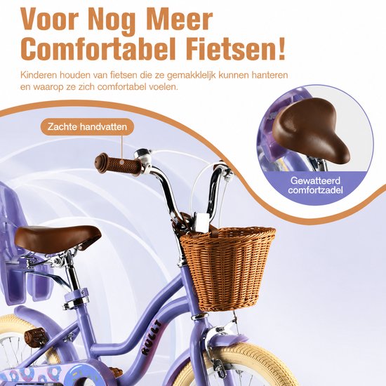 Vankel Kinderfiets 14 Inch - Met Steunwielen - Terugtraprem en Velgrem - Sterk Stalen Frame - Volledig Gesloten Kettingkast - Afneembare Fietsmand - Verstelbaar Zadel - Antislip Banden - Geschikt voor 2-4 Jaar - Duurzame Kinderfiets– Paars van VANKEL — afbeelding 3