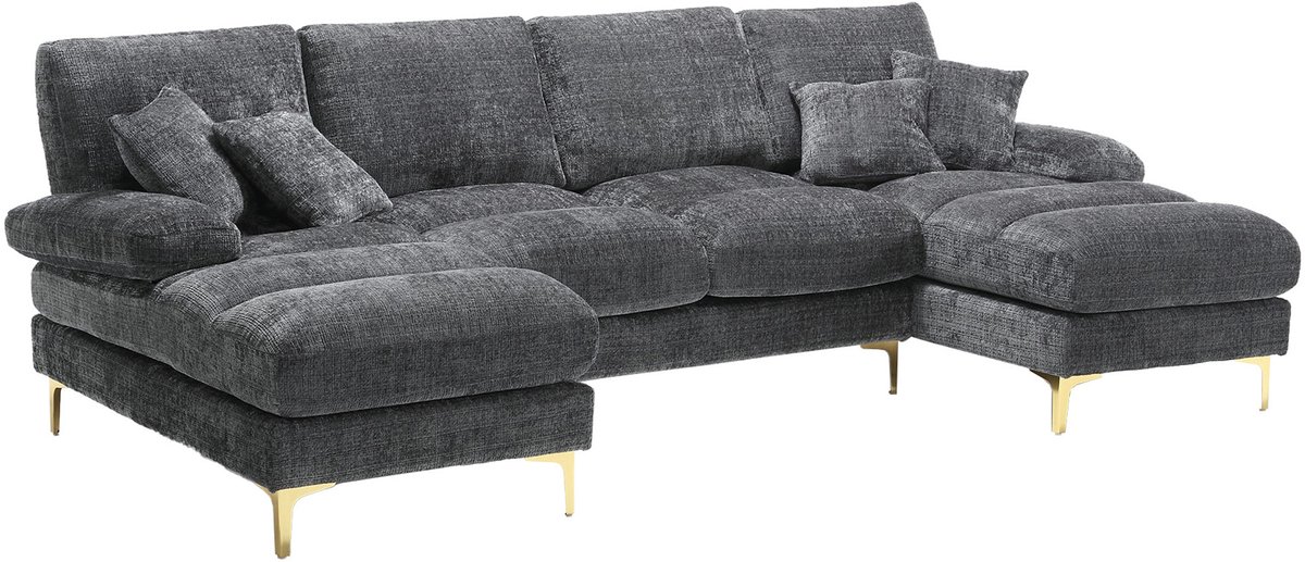 REDOM U-Vormige Hoekbank - Met Dubbele Ligplaatsen - Modern - Voor Woonkamer - Chenille - Grijs - 272 x 136 x 88 cm